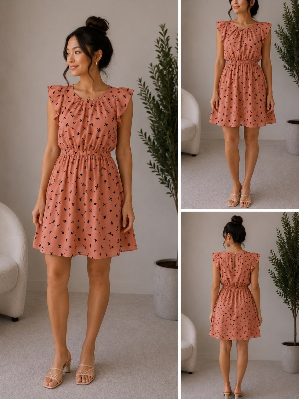 Salmon pink dress with little birds